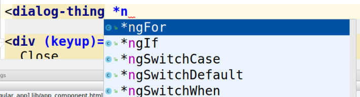 IDE mostrando autocompletado de código para directivas estructurales de AngularDart tales como ngFor y ngIf en una plantilla.