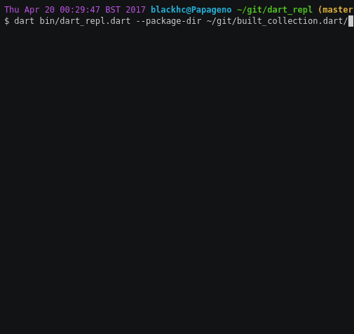 Una terminal animada mostrando el REPL de Dart ejecutando código con imports en tiempo de ejecución.