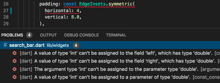 Código mostrando valores enteros pasados a EdgeInsets.symmetric, con errores de análisis porque la API espera doubles.