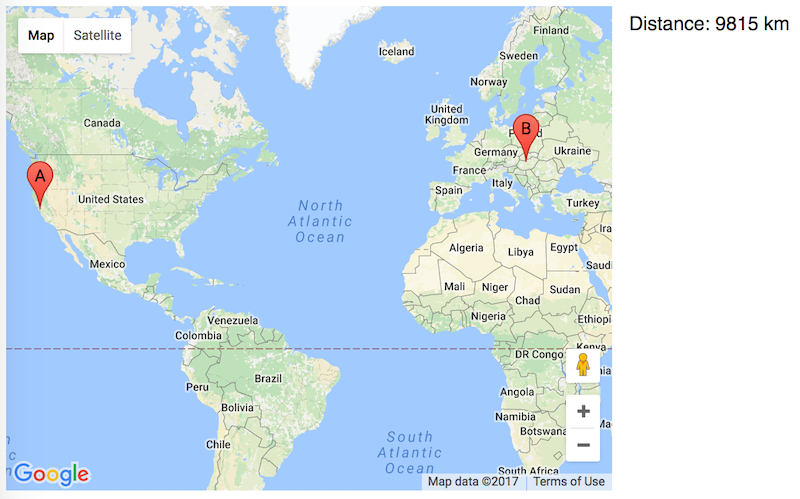 Mapa mostrando la distancia entre el Googleplex en Mountain View, California, y la casa del autor en Budapest, Hungría.