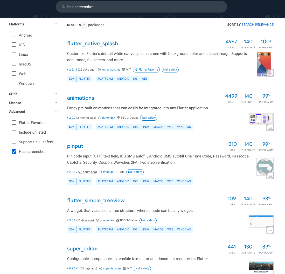 Resultados de búsqueda en pub.dev filtrados por has:screenshot, mostrando miniaturas de capturas de pantalla de paquetes junto a los resultados.