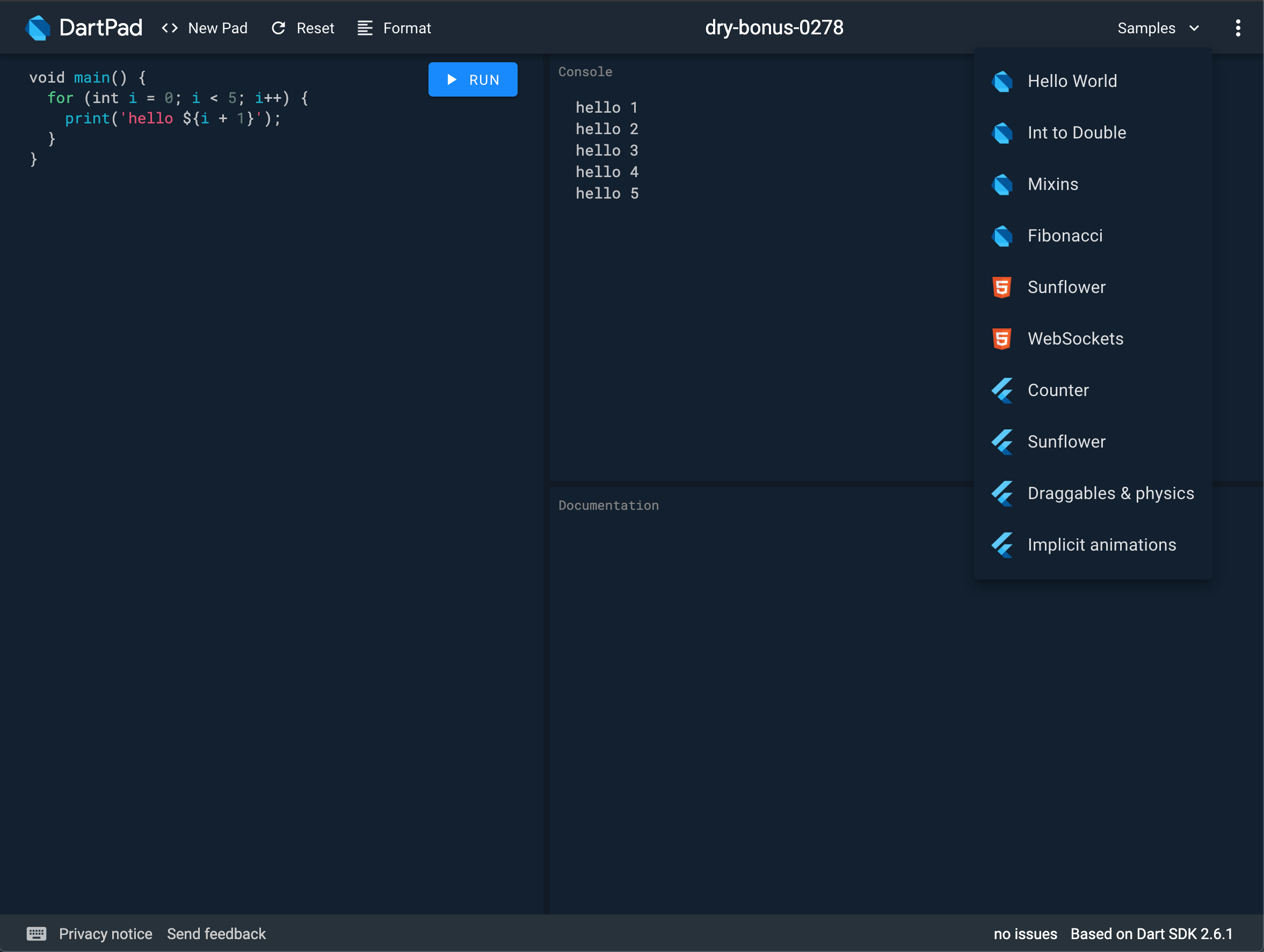 El menú de ejemplos de DartPad mostrando varios ejemplos de Dart y Flutter.