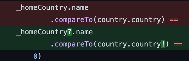 Fragmento de código mostrando la herramienta de migración añadiendo automáticamente signos de interrogación a propiedades nullable.