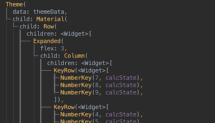 IDE con Flutter UI Guides visualizando la estructura de árbol del código de UI.