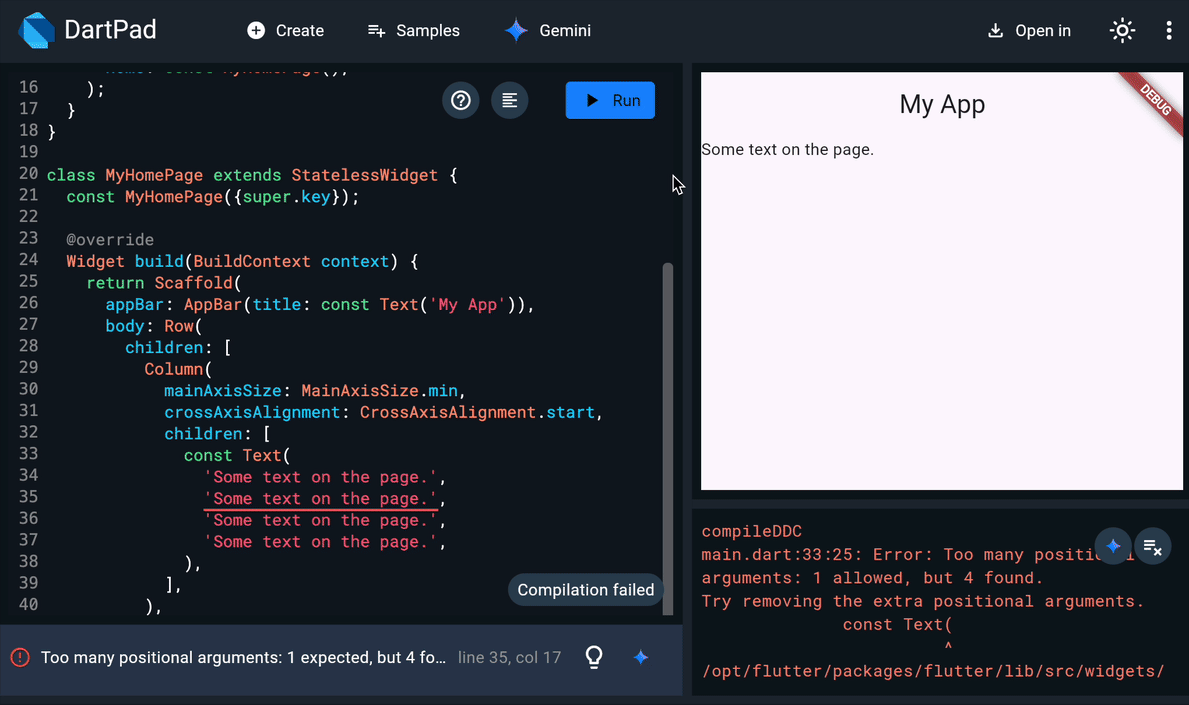 Una animación mostrando Gemini en DartPad ofreciendo una solución para corregir una excepción en tiempo de ejecución.