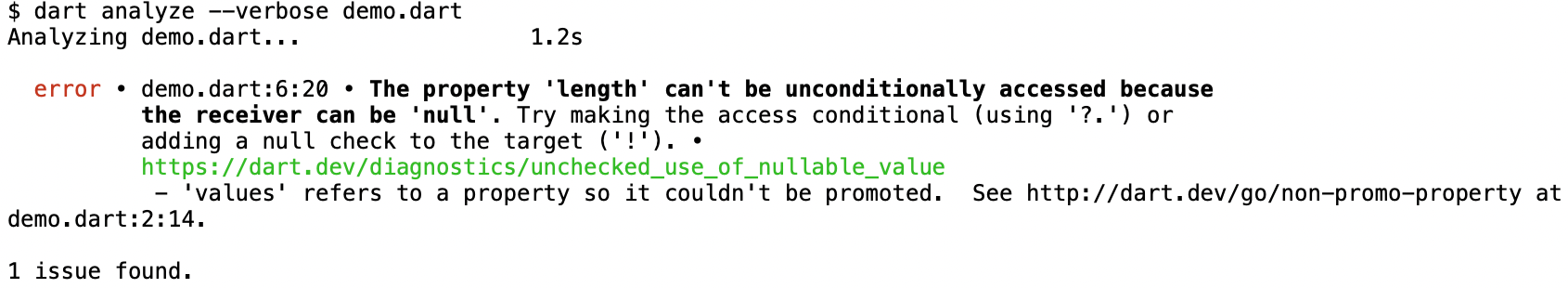 Una captura de pantalla de salida de terminal demostrando los mensajes de diagnóstico detallados proporcionados por el comando dart analyze --verbose.
