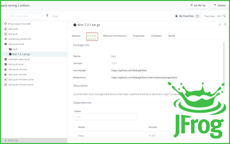 La interfaz web de JFrog Artifactory mostrando un repositorio personalizado de paquetes de Dart.