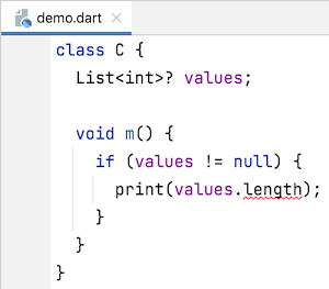 Un fragmento de código de Dart mostrando un error de compilación por el uso no verificado de un valor nullable.