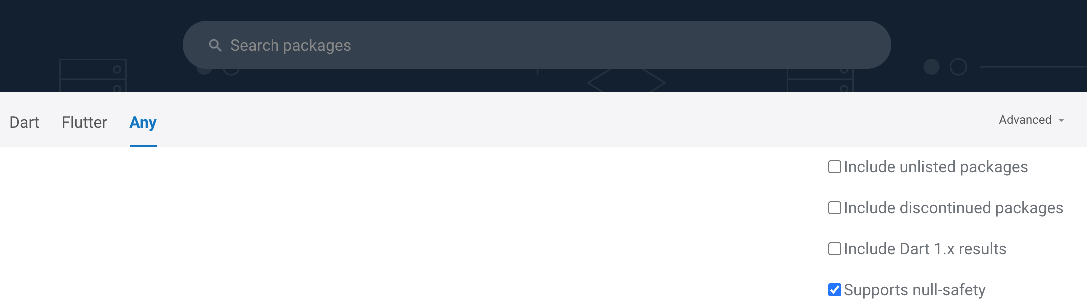 Interfaz de búsqueda de pub.dev con el filtro de null safety activado bajo las opciones de búsqueda avanzada.