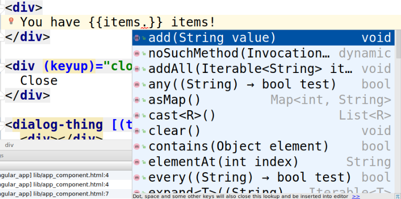 IDE mostrando autocompletado de código para métodos de list en una plantilla.