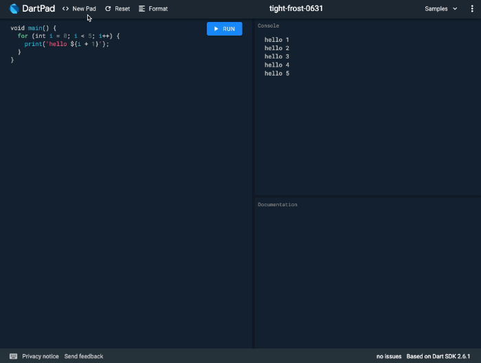 Una animación que muestra cómo crear un nuevo proyecto de Flutter en DartPad.