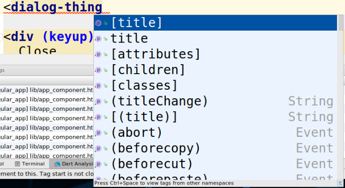 IDE mostrando autocompletado de código para atributos HTML tales como title bindings y abort events en una plantilla.