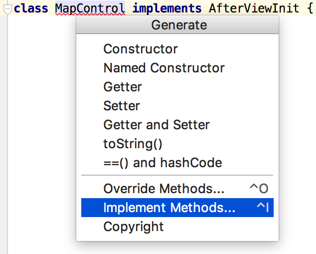 Un menú contextual en IntelliJ IDEA mostrando opciones de 'Generate' como 'Constructor', 'Getter', e 'Implement Methods...'.