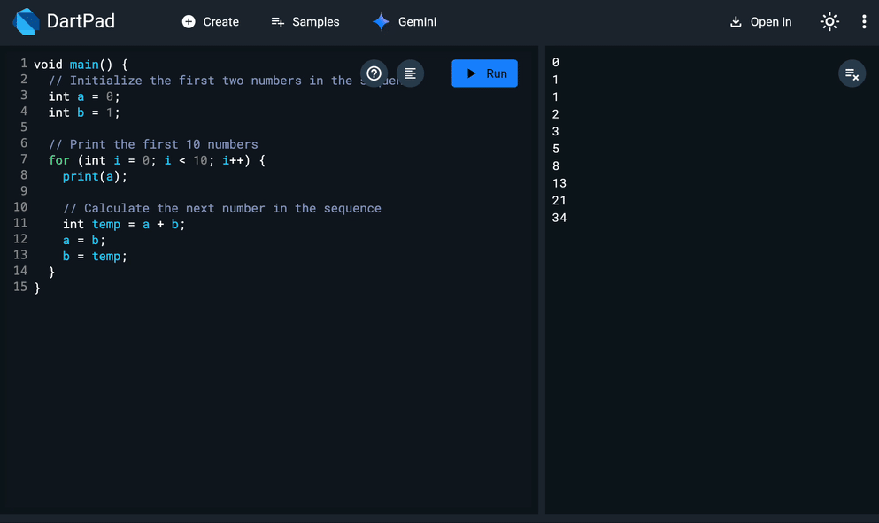 Una animación del uso de Gemini en DartPad para refactorizar un fragmento existente de código.
