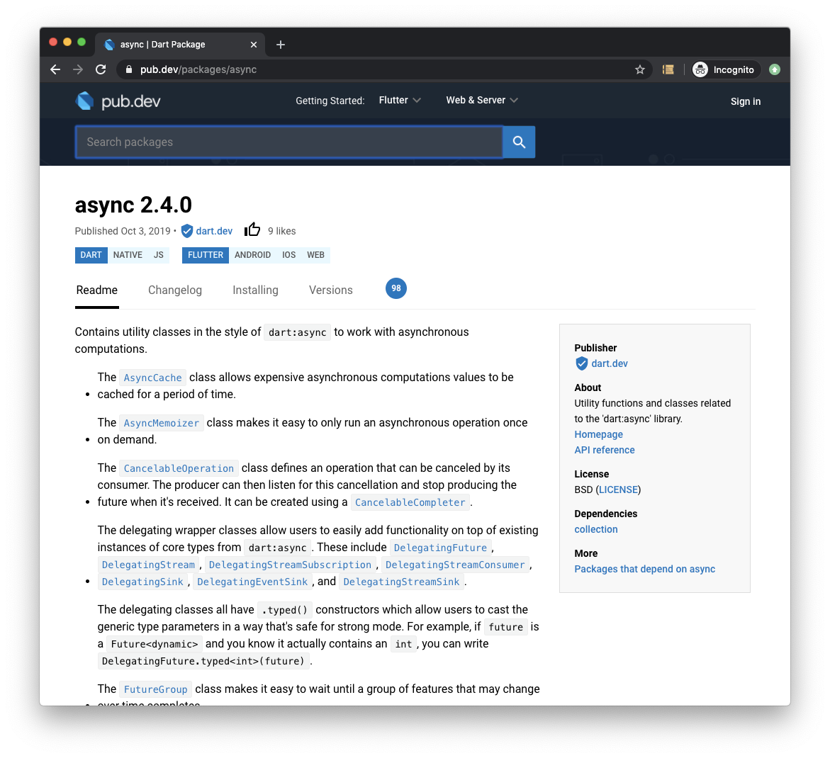 Página de pub.dev para async 2.4.0 mostrando clases utilitarias para computaciones asíncronas.