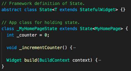 Fragmento de código mostrando una clase de estado de Flutter que extiende la clase State del framework.