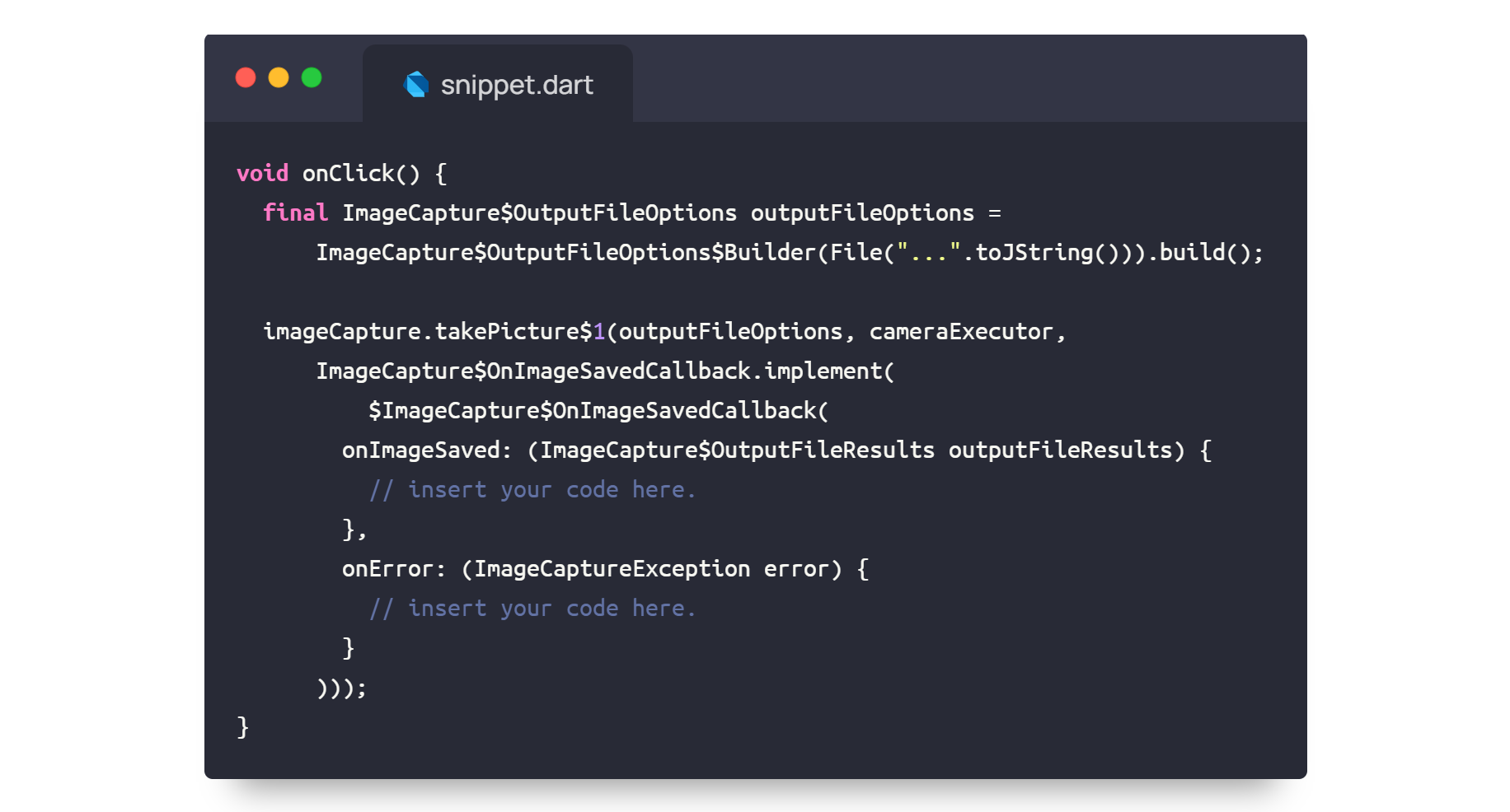 Fragmento de código Dart mostrando el código Java traducido.