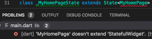 Captura de pantalla del IDE mostrando un error porque MyHomePage no extiende StatefulWidget.