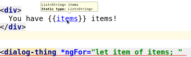 IDE mostrando una plantilla HTML de AngularDart con diagnósticos.