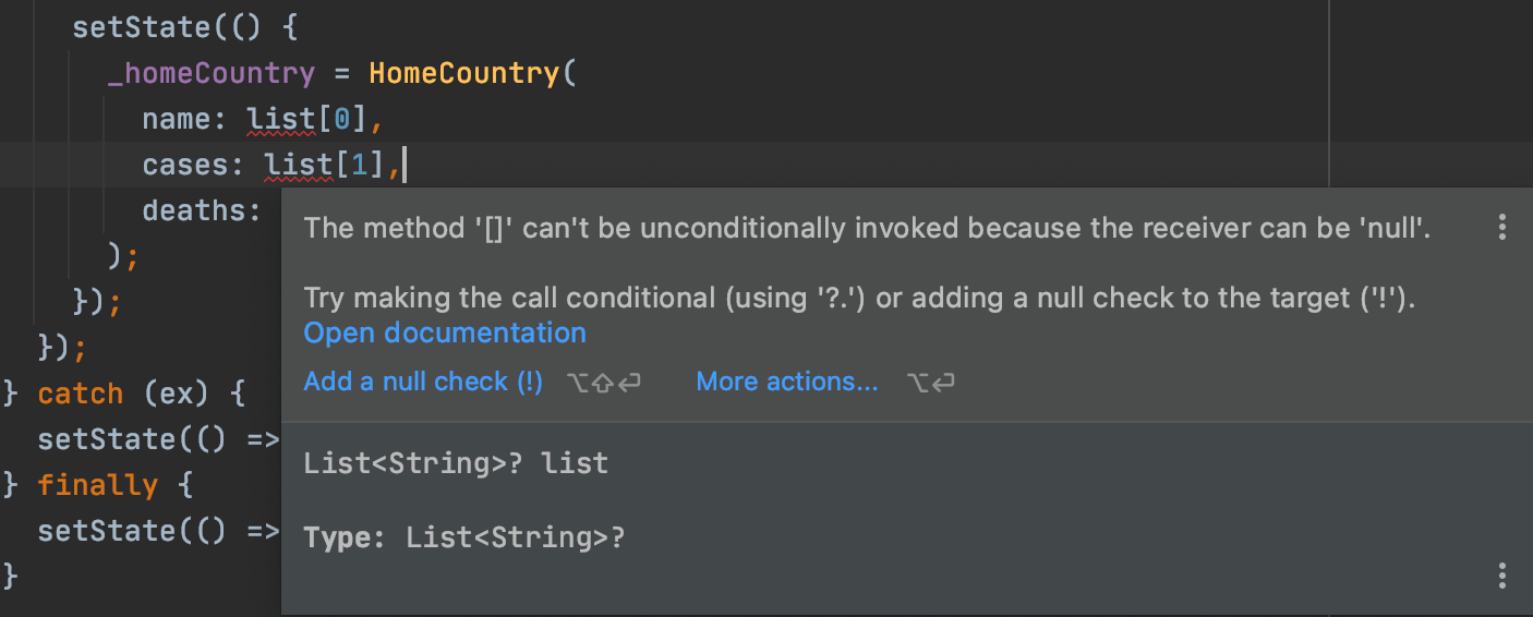 Advertencia del IDE sobre acceso a índice de lista porque una lista nullable podría ser null antes de la indexación.