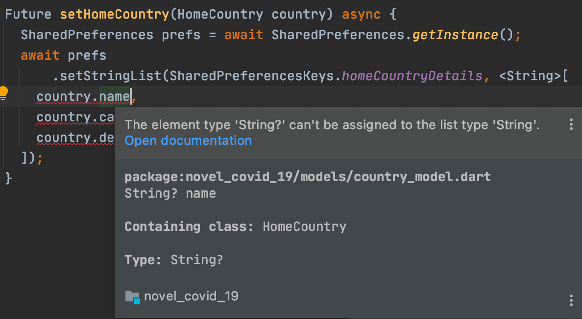 Error del analyzer sobre pasar strings nullable a una función que espera strings non-nullable.