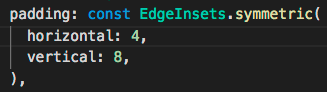 Código mostrando EdgeInsets.symmetric con valores enteros aceptados para padding horizontal y vertical.