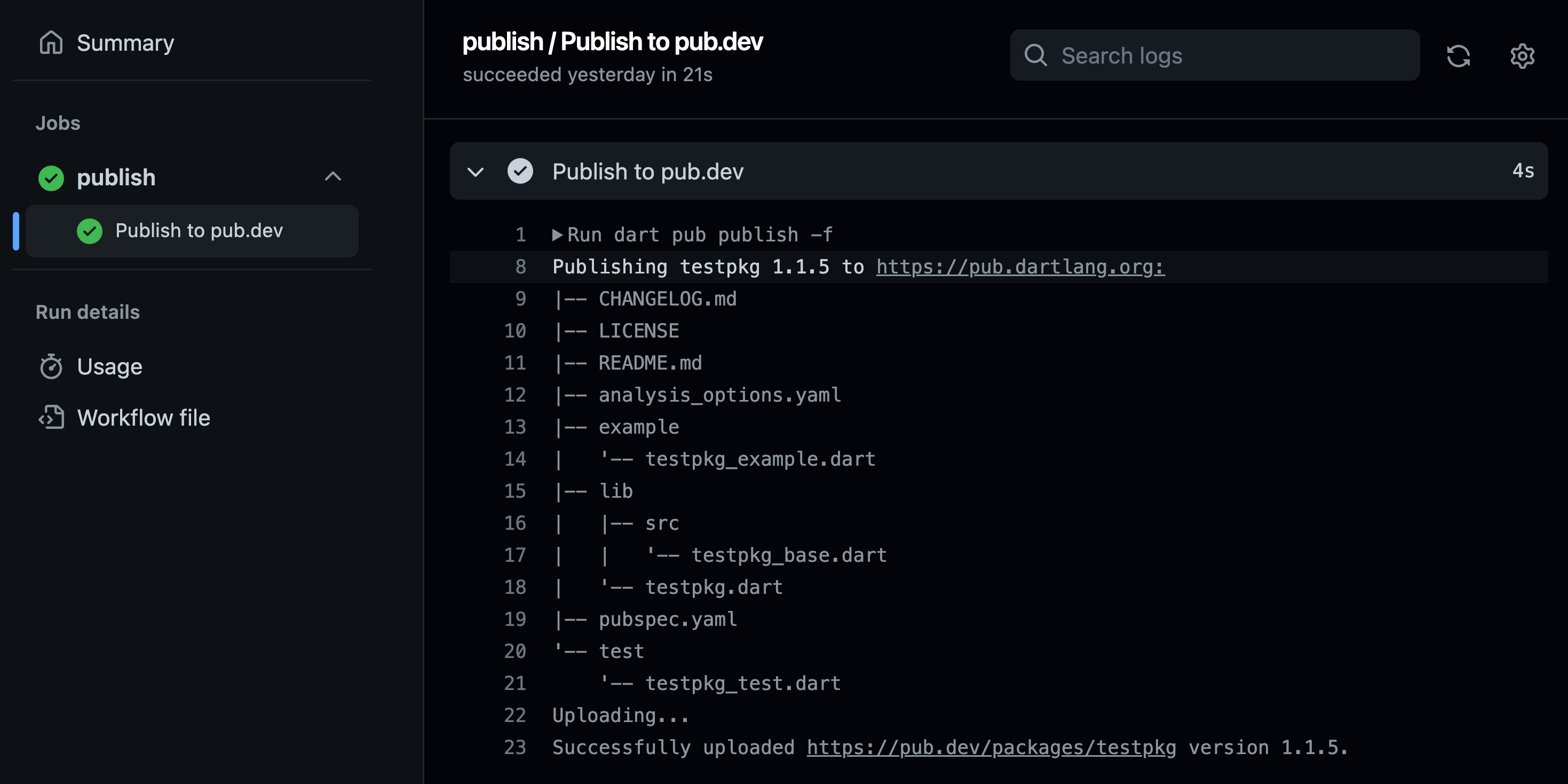 Ejecución de GitHub Actions para Publish to pub.dev mostrando un comando dart pub publish exitoso para testpkg 1.1.5.