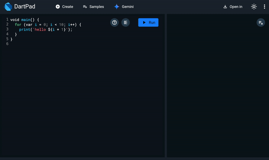 Una animación demostrando Gemini en DartPad creando código Dart y Flutter a partir de un prompt en lenguaje natural.