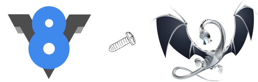 El logo del motor V8 al lado de un tornillo metálico y un dragón mecánico (logo de LLVM).