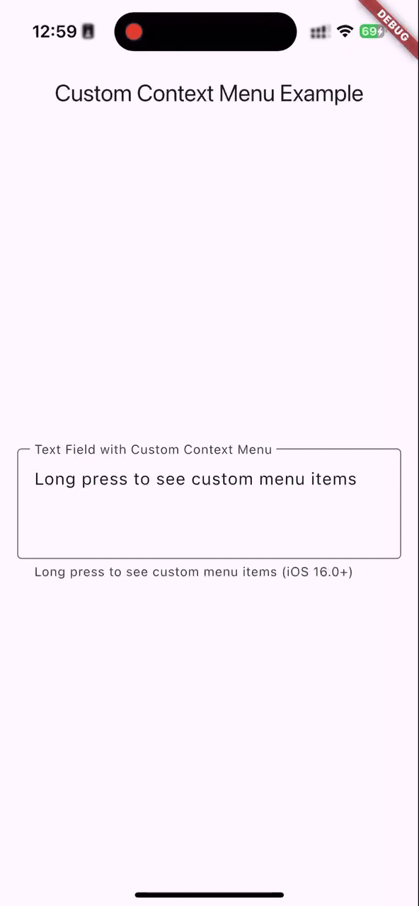 Una animación que muestra un menú contextual personalizado de iOS en una aplicación Flutter con elementos como 'Clear Text', 'Add Heart' y 'Uppercase'.
