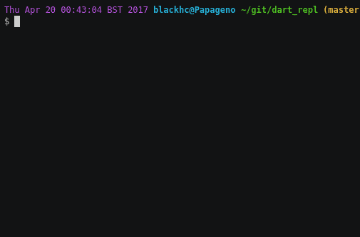 Una terminal animada demostrando el REPL de Dart con declaraciones de nivel superior.