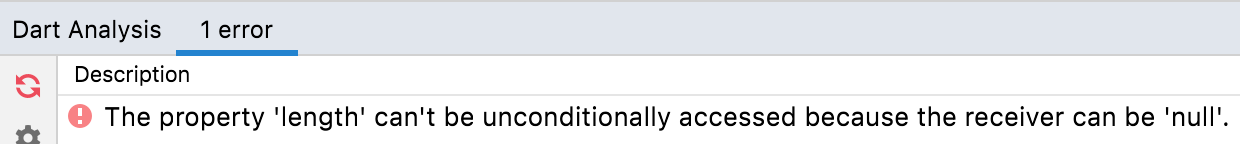 Vista de Dart Analysis en IntelliJ IDEA mostrando un mensaje de diagnóstico de uso no verificado de un valor nullable.