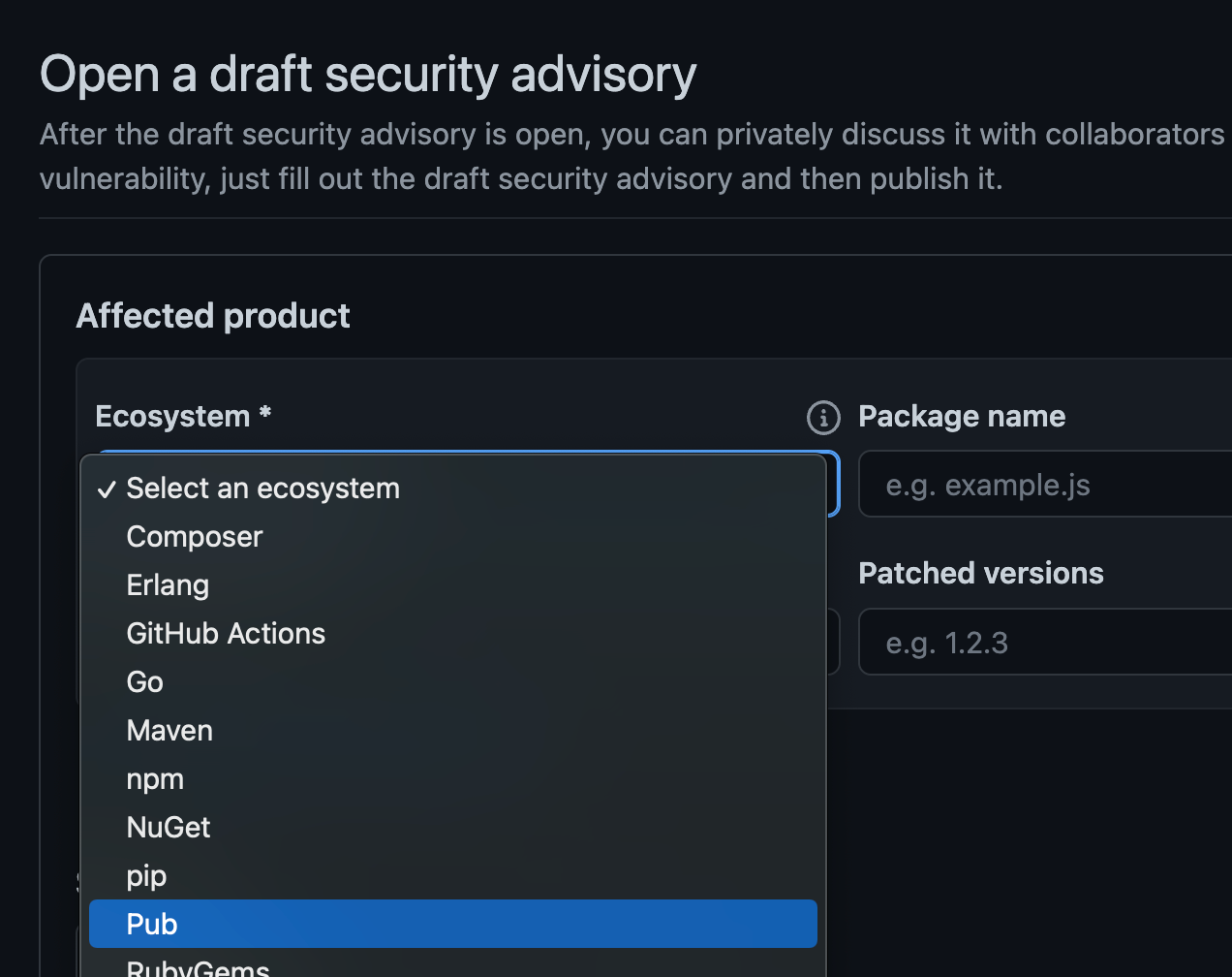 Formulario de borrador de security advisory de GitHub con el dropdown de ecosistema abierto y Pub seleccionado.