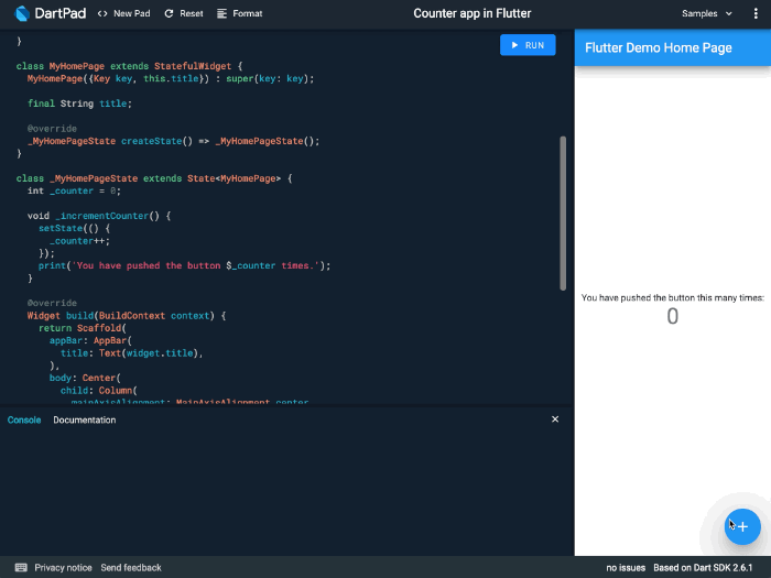 Una animación que muestra la documentación del widget AppBar en el panel inferior de DartPad.