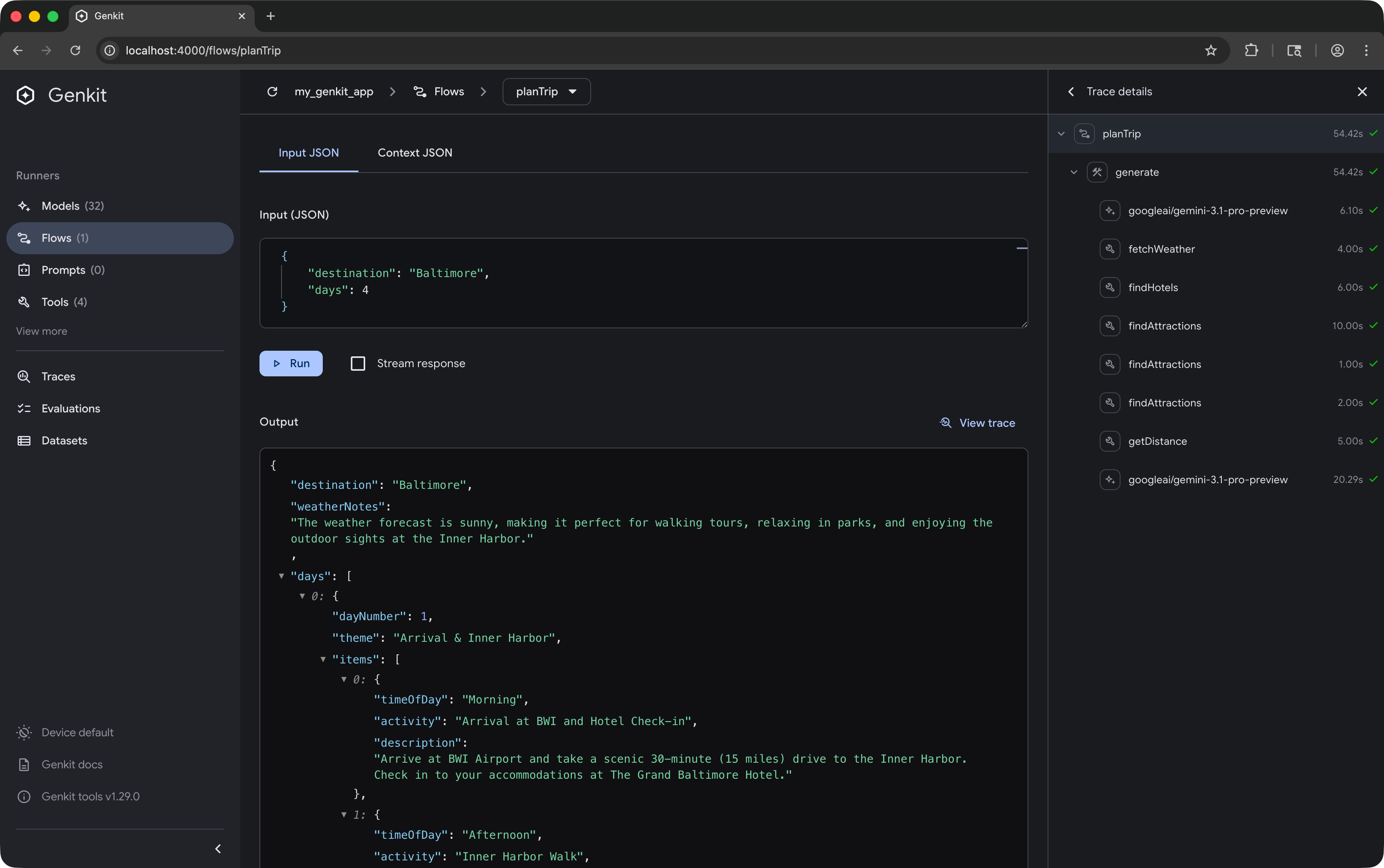 UI de desarrollador de Genkit ejecutando un flow.