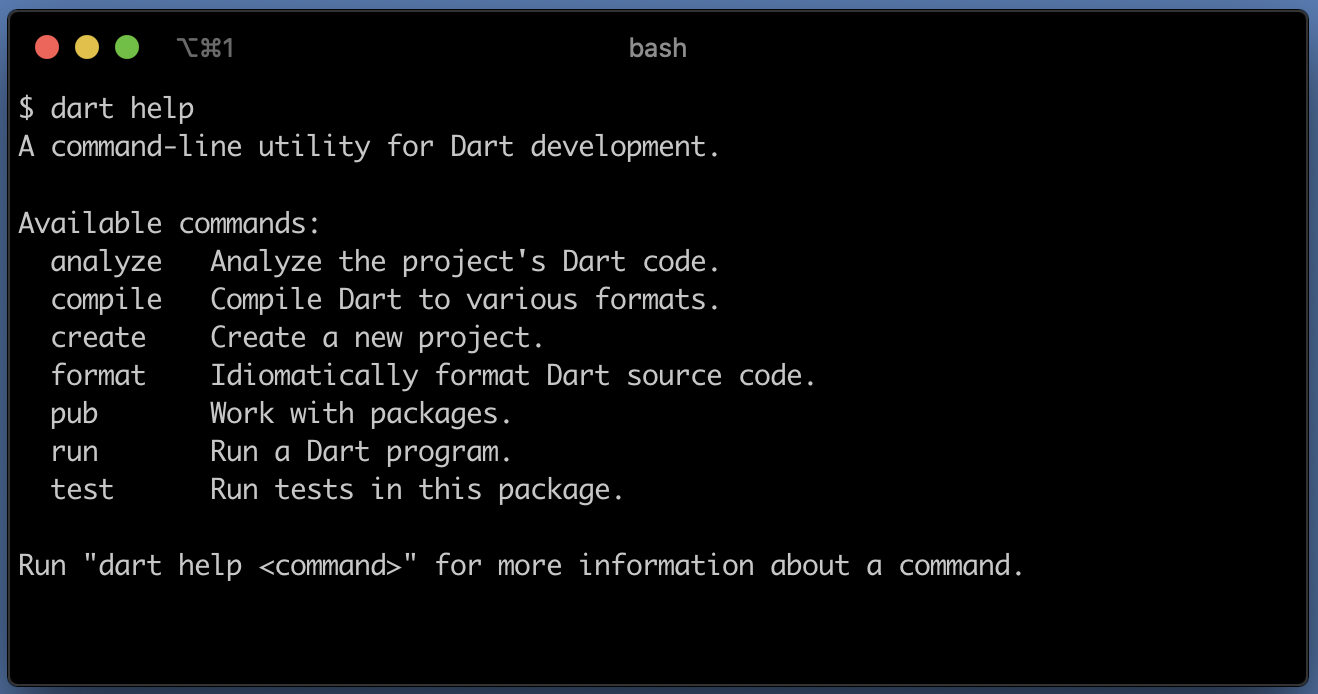 Output de ayuda en terminal para la herramienta dart de Dart 2.10.