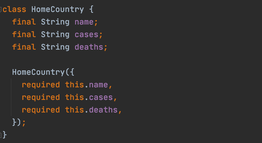 Clase HomeCountry de Dart con campos String non-nullable y parámetros de constructor required.