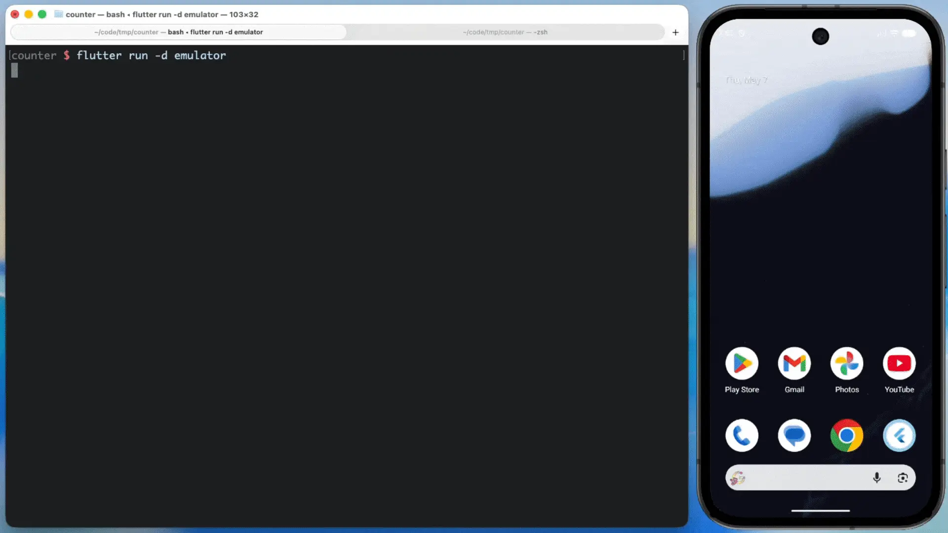 Una animación que demuestra el servidor MCP de Dart haciendo hot reload de una app de contador de estrellas de Flutter después de que Gemini CLI cambia el tema y la animación de estrellas. La configuración de pantalla dividida muestra la terminal de macOS que controla a la izquierda y el emulador de Android resultante a la derecha.