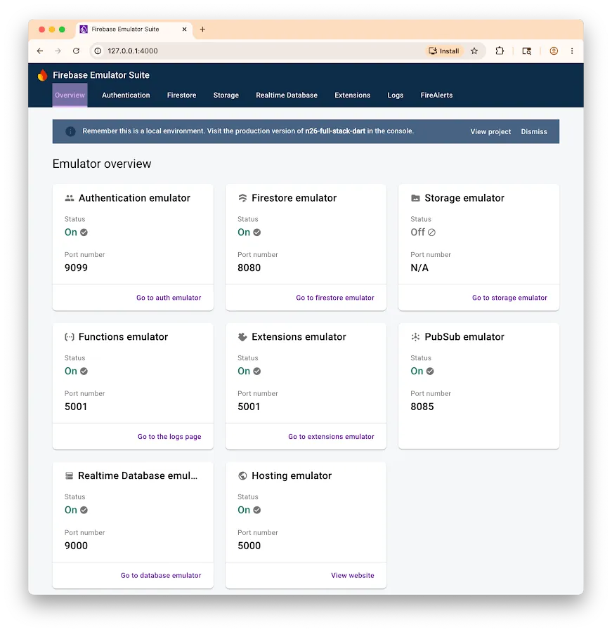 UI de Firebase Local Emulator Suite en un navegador web mostrando emuladores activos para Authentication, Firestore y Functions, demostrando un estado verde que indica que el servidor local de desarrollo está ejecutándose y listo para pruebas end-to-end del emulador de backend.